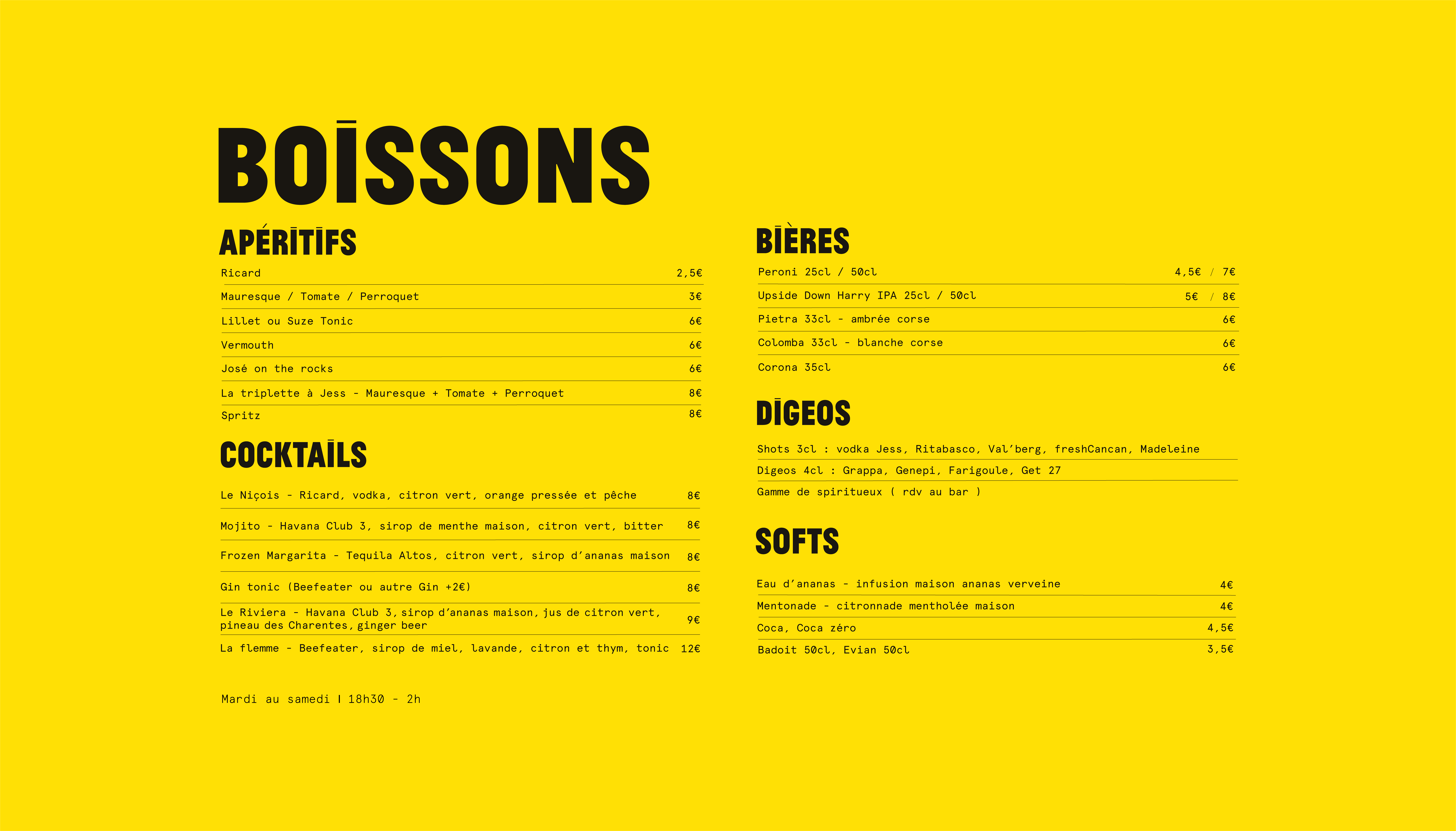Carte Desktop  des boissons proposées par le restaurant Les Niçois