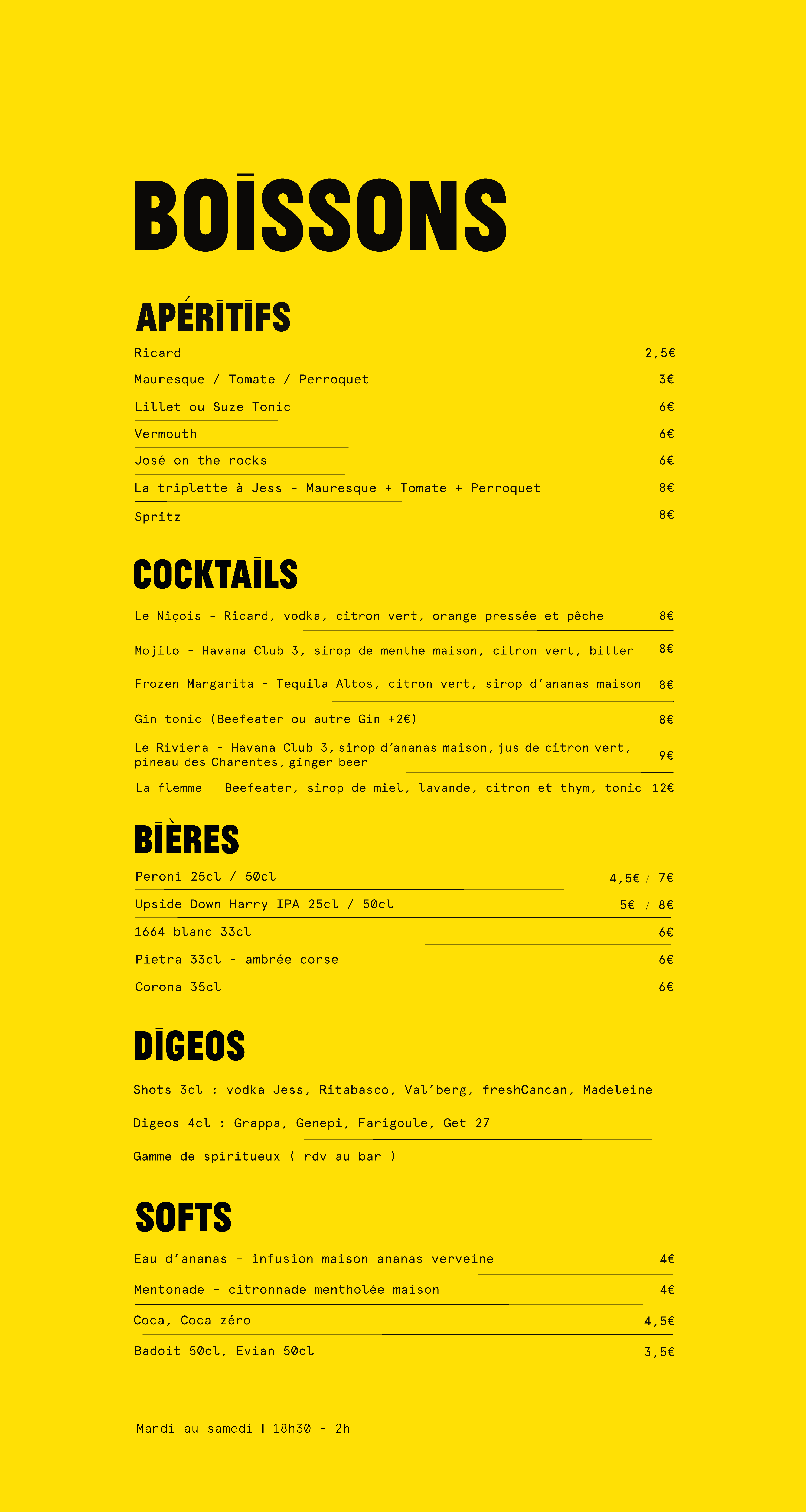 Carte Mobile des boissons proposées par le restaurant Les Niçois